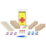 Contents of the Basic First Aid Kit 40 piece: adhesive bandages, gauze, antiseptic wipes, and tweezers