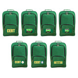 Green standard CERT backpacks displaying the available label options