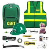 Standard CERT kit contents: CERT backpack, safety vest, hard hat, flashlight, gloves, goggles, pry bar and caution tape