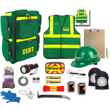 Deluxe CERT kit contents: CERT backpack, safety vest, hard hat, flashlight, first aid kit, gloves and pry bar