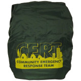 Green waterproof rain cover with Community Emergency Response Team logo for FLEX backpacks