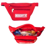 Red Emergency First Aid Kit 150 piece waist pack shown closed and open with bandages and supplies