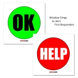 Classroom emergency window clings with green OK and red HELP circles to alert first responders