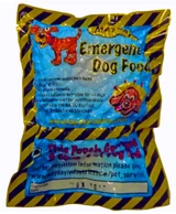 Mayday emergency dog food pouch with yellow and black hazard stripe border