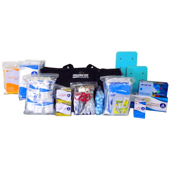 50 person deluxe trauma kit contents spread around the black trauma bag: gauze, dressings and cold packs