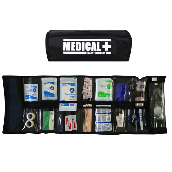 Roll-Out Medical First Aid Kit with black Medical pouch and 112 pieces displayed in pockets