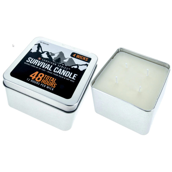 48 hour survival candle in a square metal tin with four wicks, shown open next to the lid