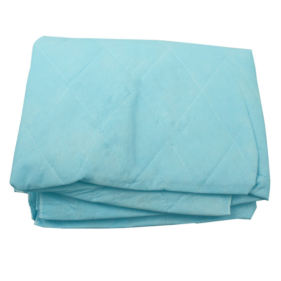 Disposable blue non-woven blanket, 44 by 84 inches, shown folded