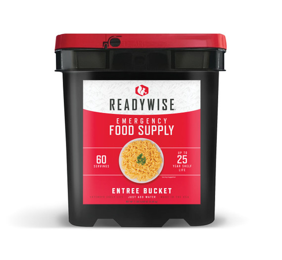 ReadyWise 60 serving entree bucket emergency food supply with red and black packaging