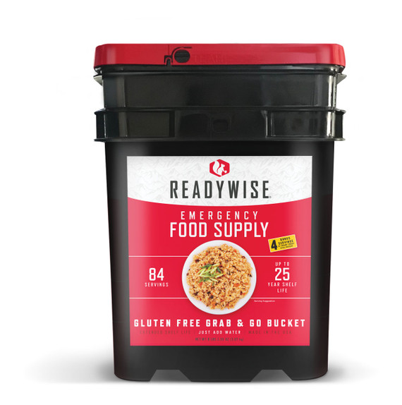 ReadyWise gluten free grab and go emergency food bucket with 84 servings and 25 year shelf life