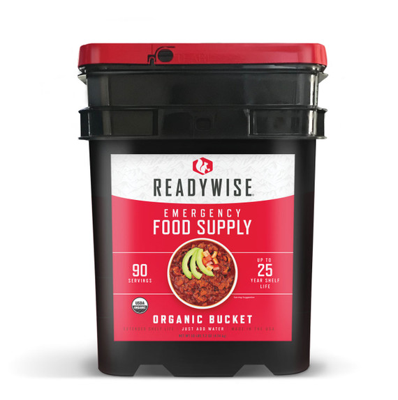ReadyWise organic emergency food supply bucket with 90 servings and 25 year shelf life