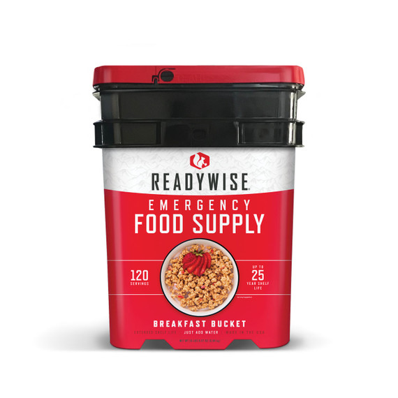 ReadyWise breakfast bucket emergency food supply with 120 servings