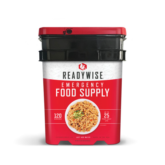 ReadyWise Emergency Food Supply red bucket with 120 entree servings and 25 year shelf life