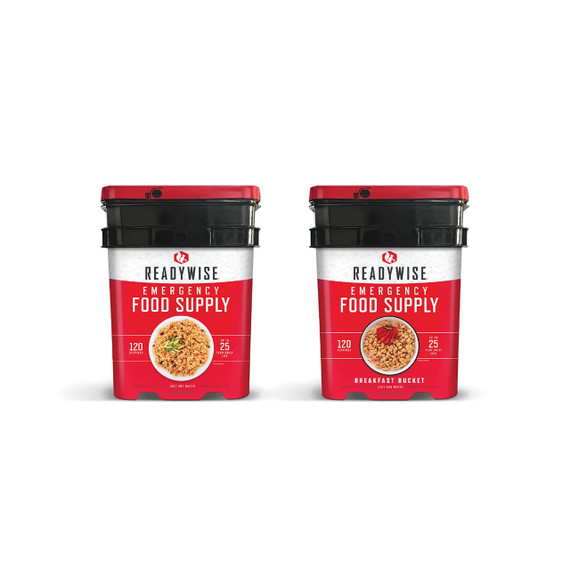 Two ReadyWise buckets making up the 240 serving entree and breakfast emergency food supply