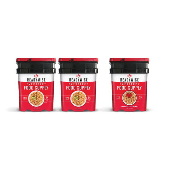 Three ReadyWise buckets making up the 360 serving entree and breakfast emergency food supply