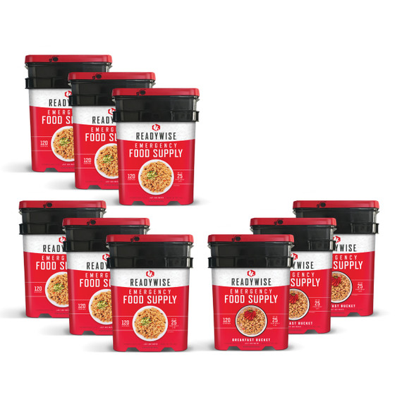 Nine ReadyWise buckets making up the 1080 serving entree and breakfast emergency food supply