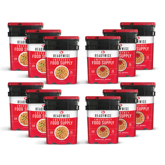 Twelve ReadyWise buckets making up the 1440 serving entree and breakfast emergency food supply