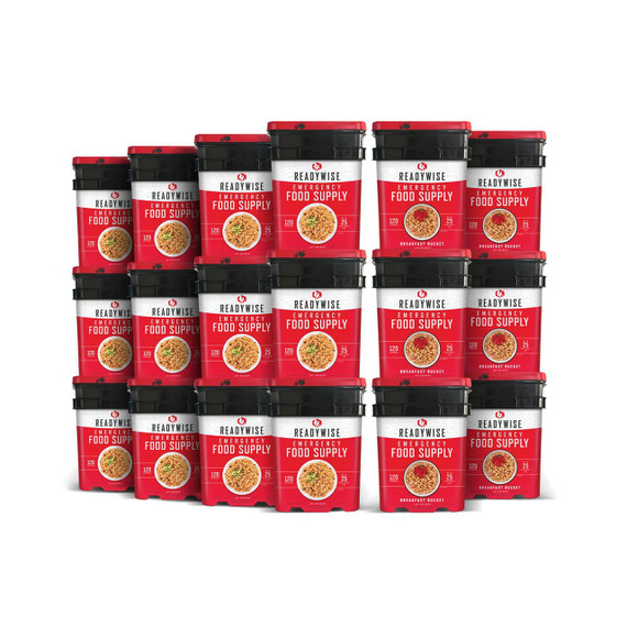 Eighteen ReadyWise buckets making up the 2160 serving entree and breakfast emergency food supply