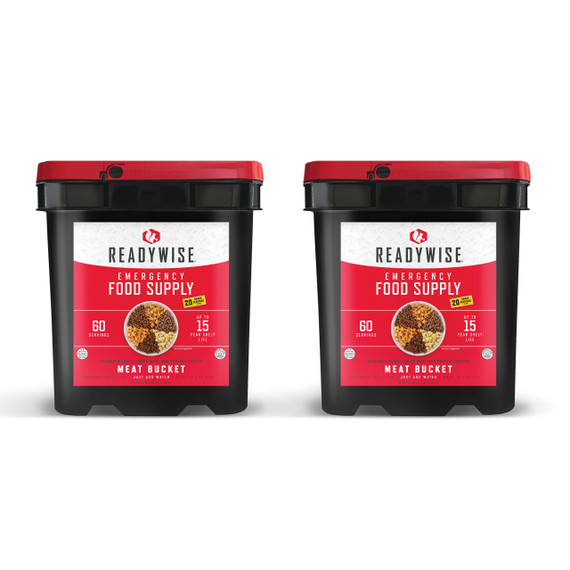Two ReadyWise freeze dried meat buckets, 120 serving emergency meat supply