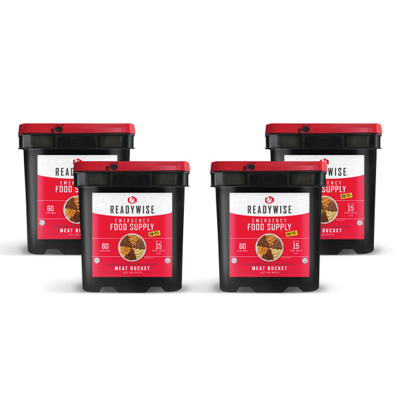 Four ReadyWise freeze dried meat buckets, 240 serving emergency meat supply