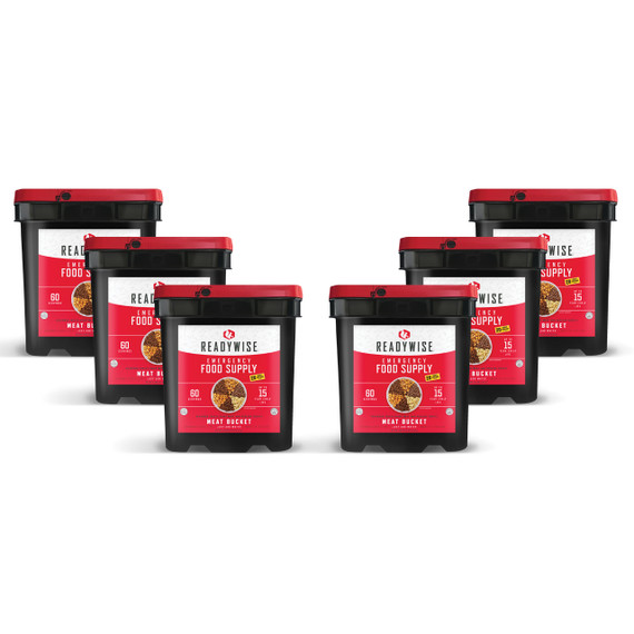Six ReadyWise freeze dried meat buckets, 360 serving emergency meat supply