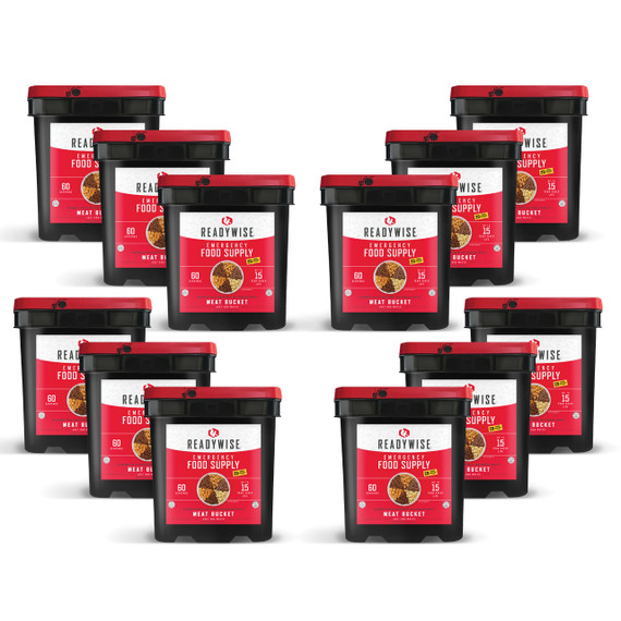 Twelve ReadyWise freeze dried meat buckets, 720 serving emergency meat supply