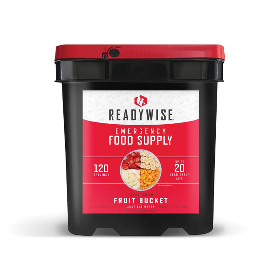 ReadyWise freeze dried emergency fruit bucket with 120 servings and 20 year shelf life