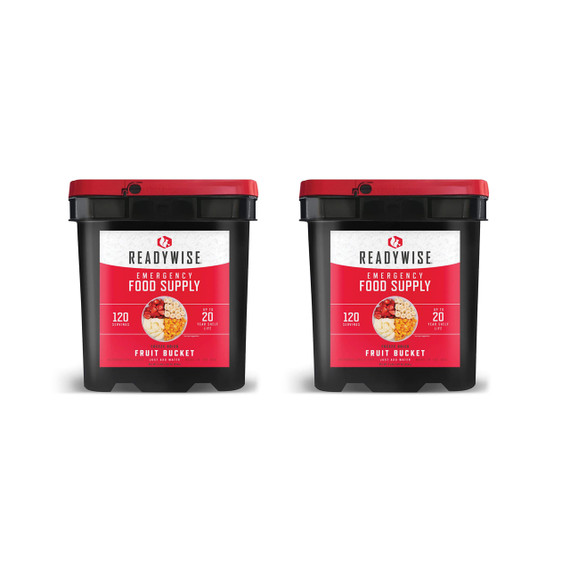 Two ReadyWise freeze dried fruit buckets, 240 serving emergency fruit supply