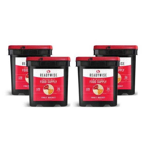 Four ReadyWise freeze dried fruit buckets, 480 serving emergency fruit supply
