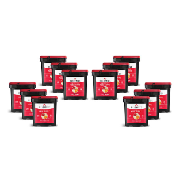 Twelve ReadyWise freeze dried fruit buckets making up the 1440 serving emergency fruit supply