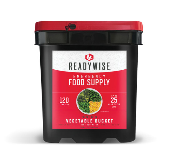 ReadyWise 120 serving freeze dried emergency vegetable bucket with black and red packaging