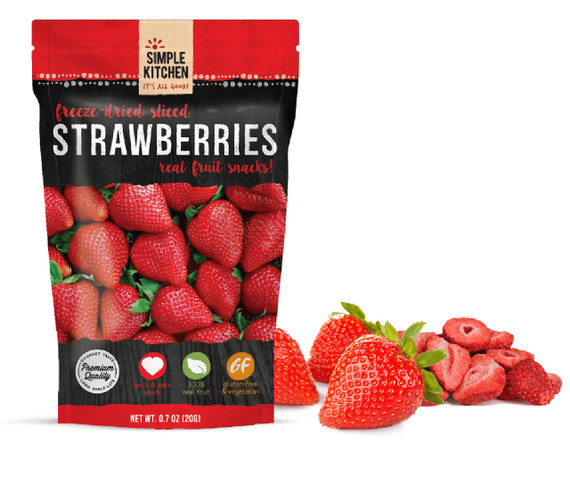 Simple Kitchen freeze dried sliced strawberries pouch with fresh and dried strawberries