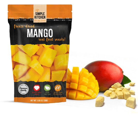 Simple Kitchen freeze dried mango pouch with fresh cut mango and dried mango chunks