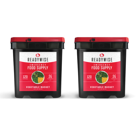 Two ReadyWise freeze dried vegetable buckets, 240 serving emergency supply