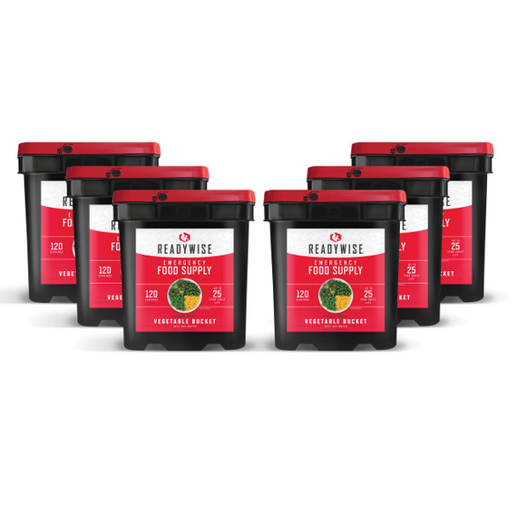 Six ReadyWise freeze dried vegetable buckets, 720 serving emergency supply
