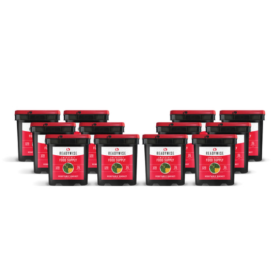 Twelve ReadyWise freeze dried vegetable buckets making up the 1440 serving emergency supply