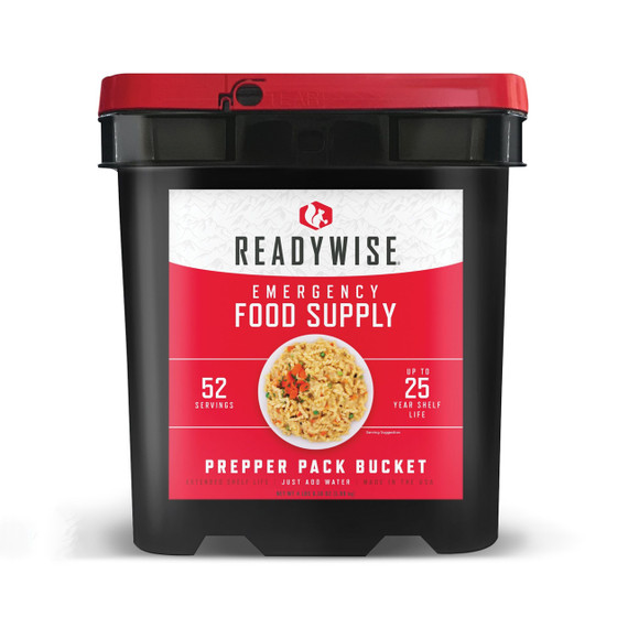 ReadyWise Prepper Pack emergency food bucket with 52 servings and 25 year shelf life