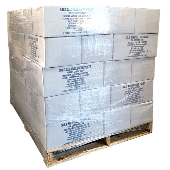 Shrink wrapped pallet of 2000 SOS 2400 calorie emergency food rations in cases
