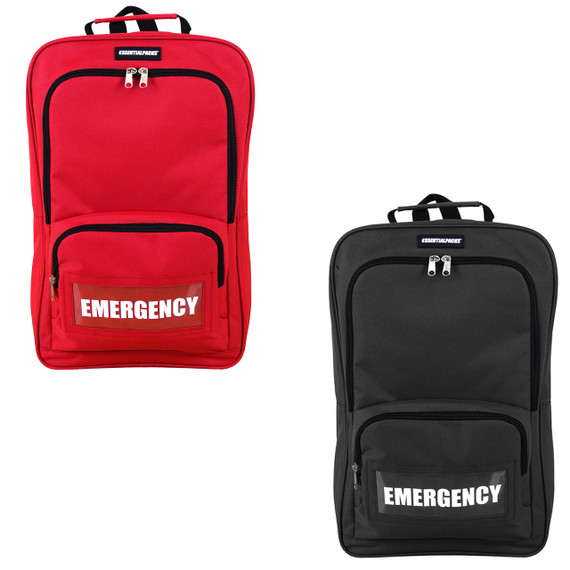Standard emergency backpack color options in red and black with Emergency labels