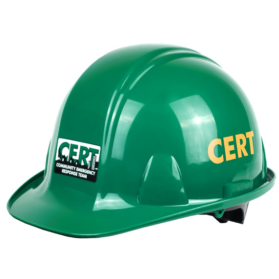 Green Premium CERT hard hat with ratchet suspension, angled view showing CERT logos