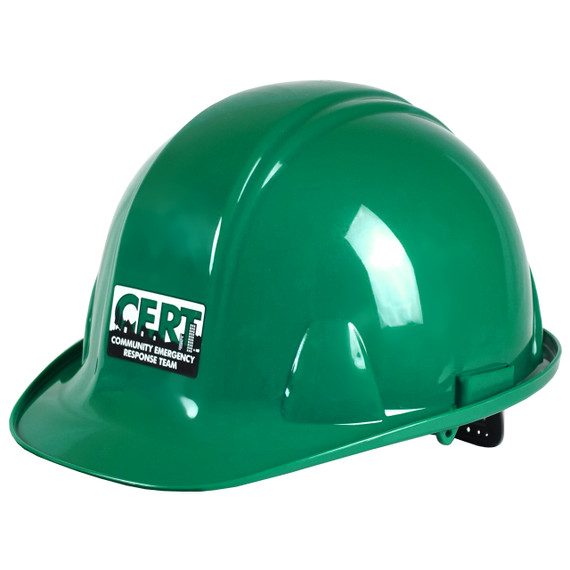 Angled view of the green standard CERT hard hat with CERT logo on the front