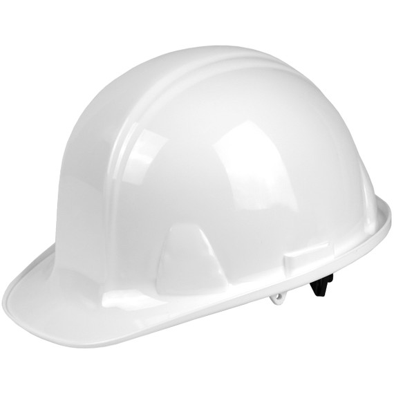 White standard hard hat with snap suspension, angle view