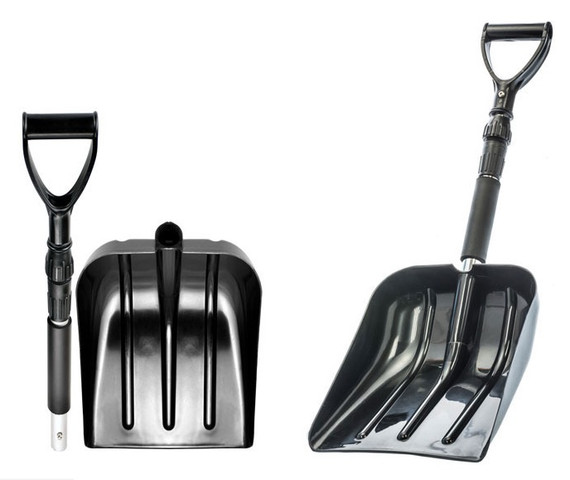 Black collapsible emergency snow shovel shown folded and extended with telescoping handle