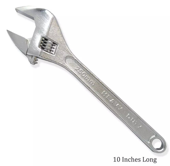Silver 10 inch adjustable wrench for emergency gas shutoff and repairs
