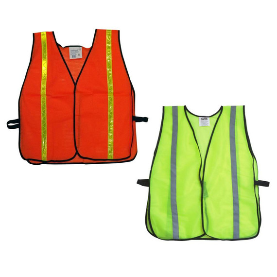Standard mesh safety vests in orange and lime green with reflective stripes