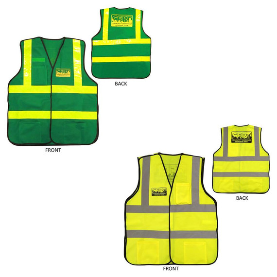 Premium CERT safety vest color options in green and yellow with reflective stripes, front and back views