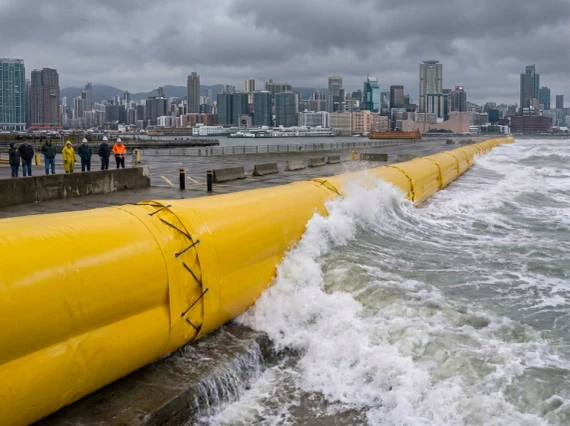 Guppy MAX Heavy-Duty Water-Filled Flood Barrier holding back waves along a city waterfront