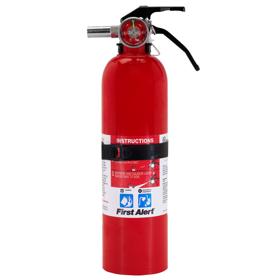 Red First Alert rechargeable recreation fire extinguisher rated 5-B:C