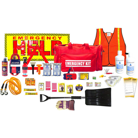 Contents of the Complete 4-Season Auto Emergency Kit: duffel, safety vest, help sign, snow shovel, flares, first aid
