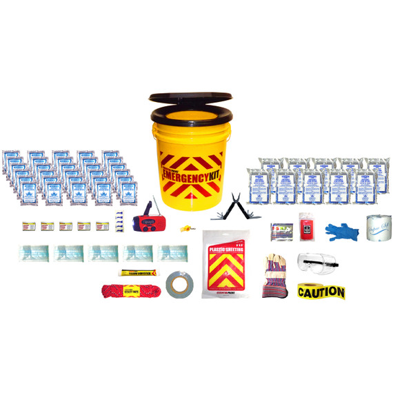 5 person office emergency kit contents: yellow bucket, food bars, water pouches, blankets, gloves and caution tape